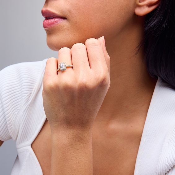 Previously Owned - 1 CT. T.w. Emerald-Cut Lab-Grown Diamond Frame Engagement Ring in 14K Gold (F/Si2)