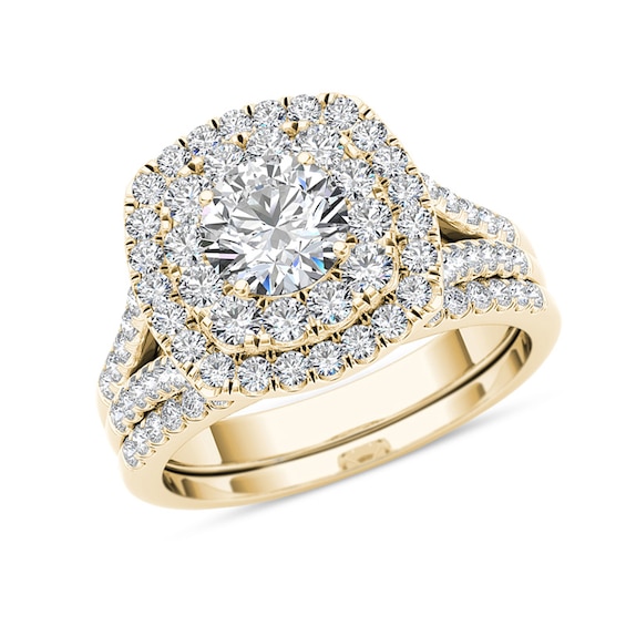 Previously Owned - 2 CT. T.w. Diamond Double Cushion Frame Split Shank Bridal Set in 14K Gold
