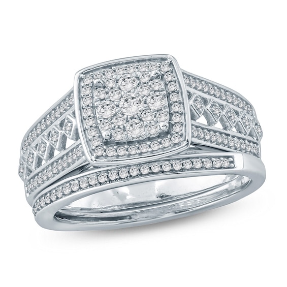 Previously Owned - 1/2 CT. T.w. Composite Diamond Square Frame Multi-Row Bridal Set in Sterling Silver