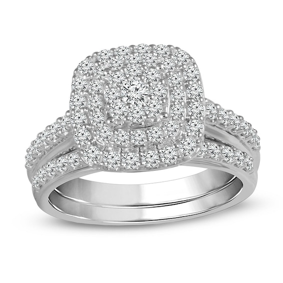Previously Owned - 1 CT. T.w. Composite Diamond Double Cushion Frame Bridal Set in 10K White Gold