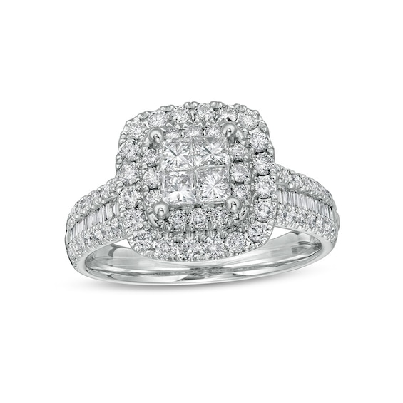 Previously Owned - 1-1/4 CT. T.w. Princess-Cut Diamond Double Cushion-Shaped Frame Engagement Ring in 14K White Gold