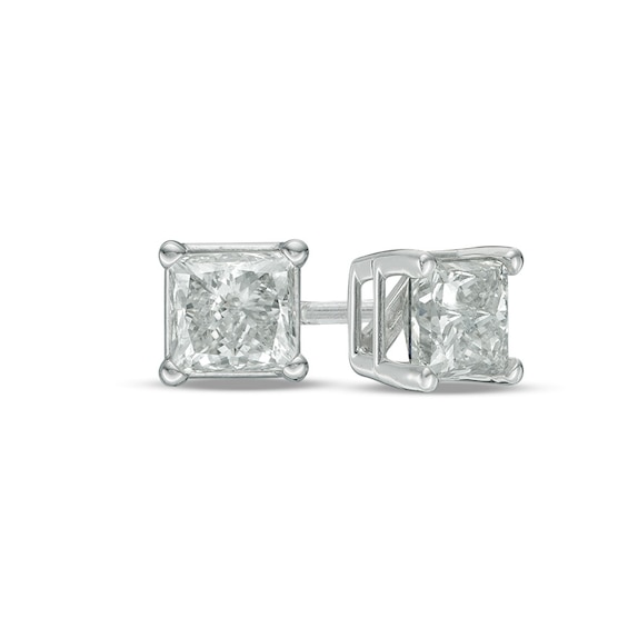 Previously Owned - 1 CT. T.w. Princess-Cut Diamond Solitaire Stud Earrings in 14K White Gold (I/I2)