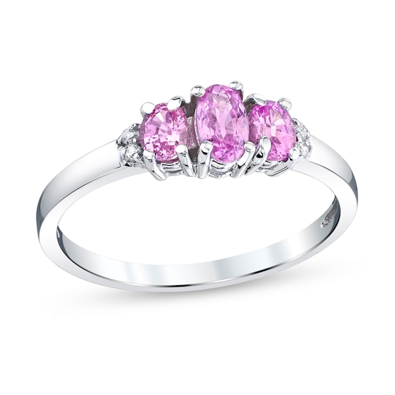 Previously Owned - Oval Pink Sapphire and Diamond Accent Three Stone Ring in 14K White Gold