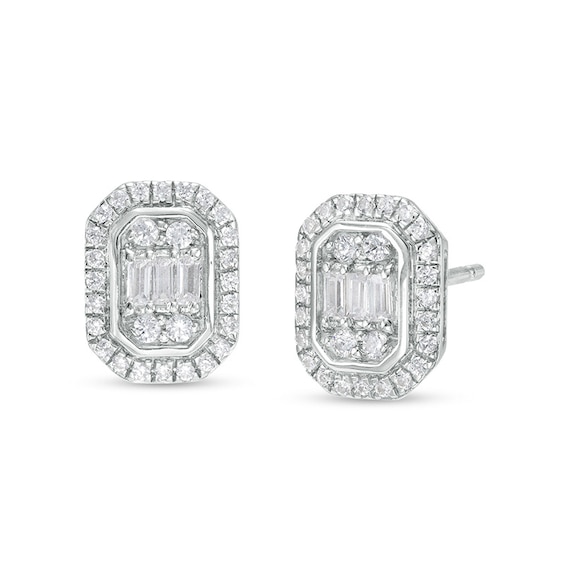 Previously Owned - 1/3 CT. T.w. Emerald-Shaped Multi-Diamond Frame Stud Earrings in 10K White Gold