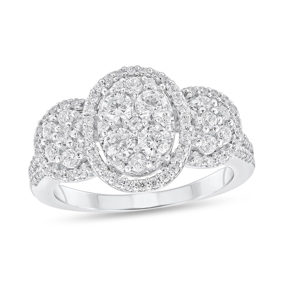 Previously Owned - 1 CT. T.w. Oval-Shaped Multi-Diamond Frame Trio Engagement Ring in 10K White Gold