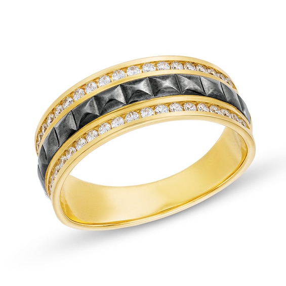 Previously Owned - 1/2 CT. T.w. Diamond Edge Pyramid Center Row Band in 10K Gold with Black Rhodium