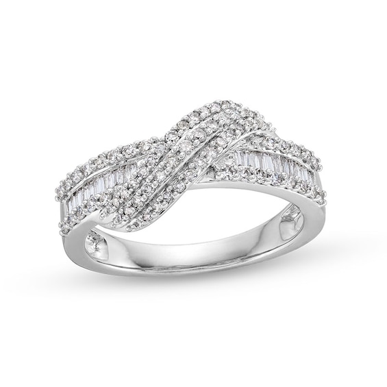 Previously Owned - 1/2 CT. T.w. Baguette and Round Diamond Edge Bypass Overlay Ring in 10K White Gold