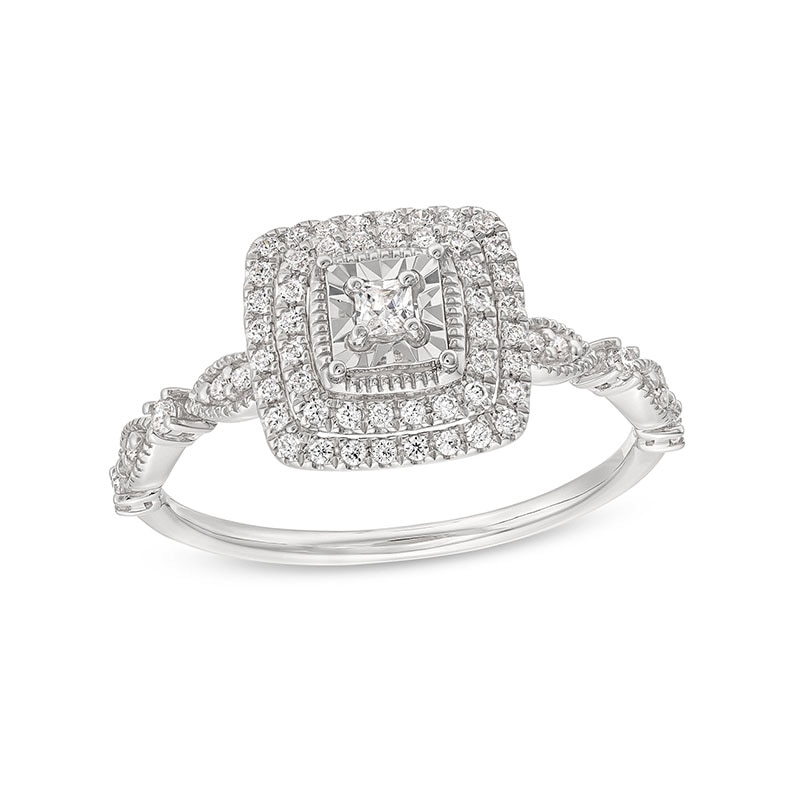 Main Image 1 of Previously Owned - 1/4 CT. T.W. Princess-Cut Diamond Double Frame Vintage-Style Engagement Ring in 10K White Gold