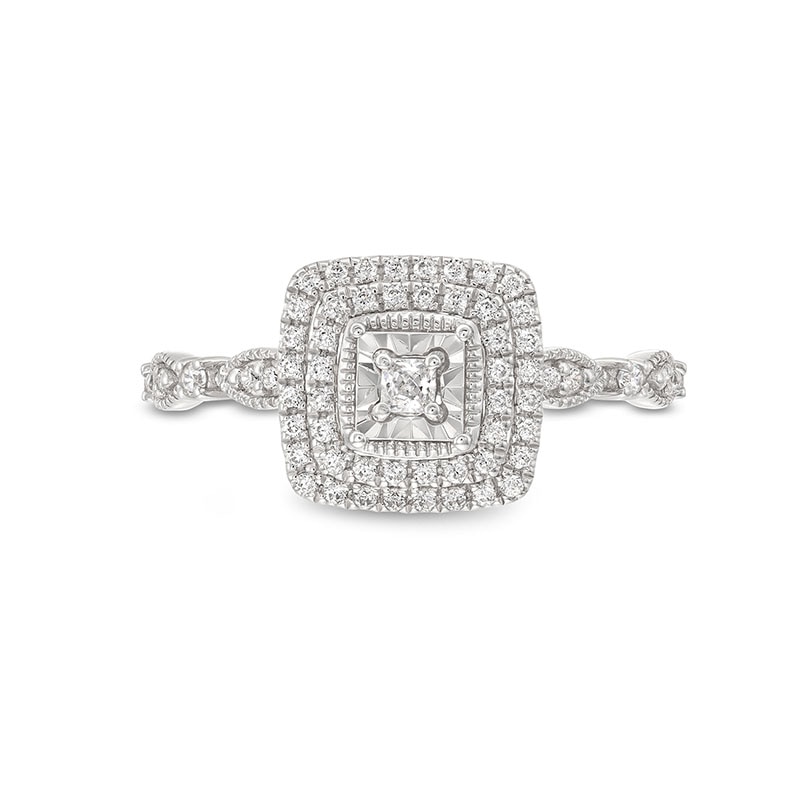 Main Image 3 of Previously Owned - 1/4 CT. T.W. Princess-Cut Diamond Double Frame Vintage-Style Engagement Ring in 10K White Gold