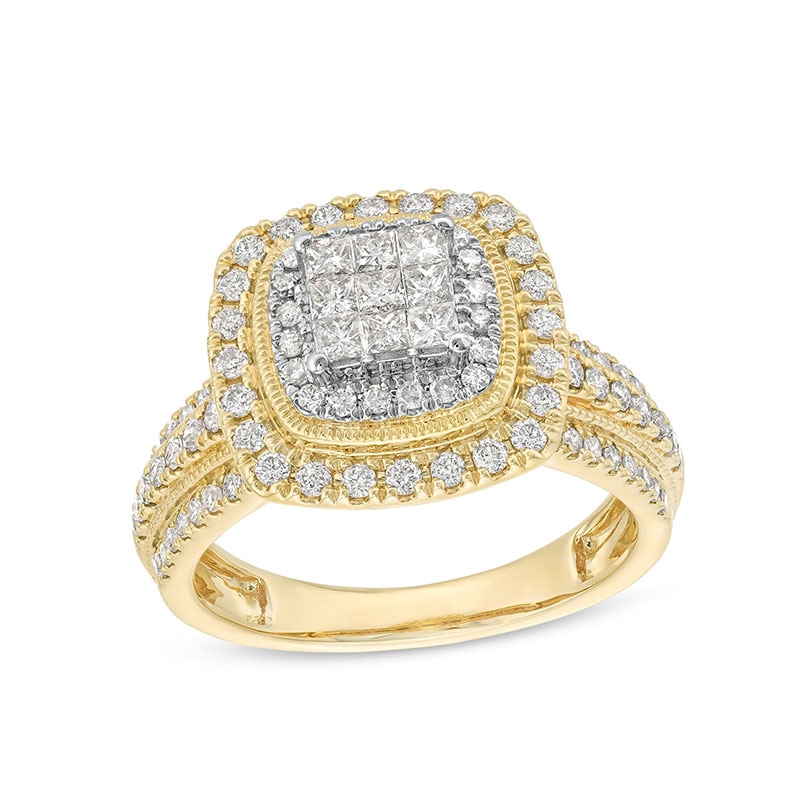 Main Image 1 of Previously Owned - 1 CT. T.W. Princess-Cut Multi-Diamond Double Cushion Frame Triple Row Engagement Ring in 10K Gold