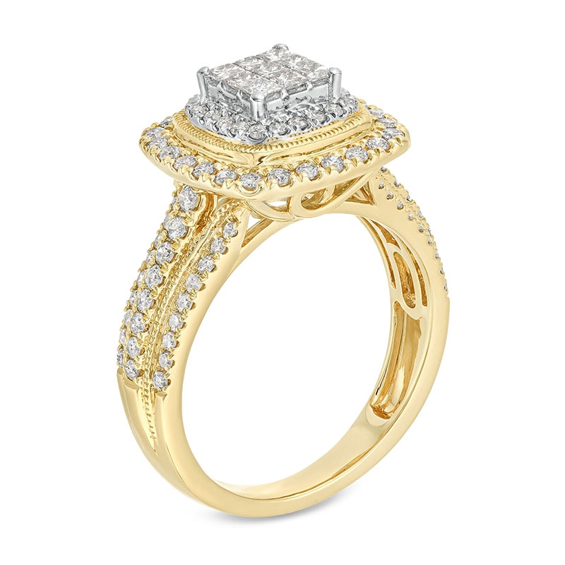 Main Image 2 of Previously Owned - 1 CT. T.W. Princess-Cut Multi-Diamond Double Cushion Frame Triple Row Engagement Ring in 10K Gold