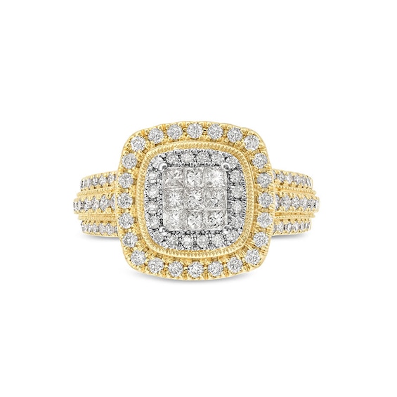 Previously Owned - 1 CT. T.w. Princess-Cut Multi-Diamond Double Cushion Frame Triple Row Engagement Ring in 10K Gold