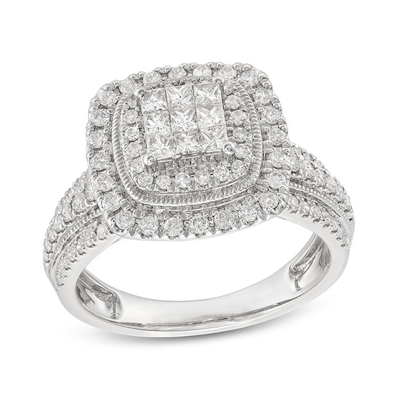 Previously Owned - 1 CT. T.w. Princess-Cut Multi-Diamond Cushion Frame Triple Row Engagement Ring in 10K White Gold