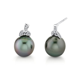 Previously Owned - 10.0mm Oval Black Tahitian Cultured Pearl and 1/20 CT. T.W. Diamond Floral Earrings in 10K White Gold