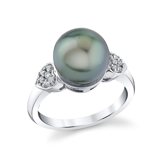 Previously Owned - 10.0mm Black Tahitian Cultured Pearl and 1/10 CT. T.w. Diamond Heart-Sides Ring in 10K White Gold