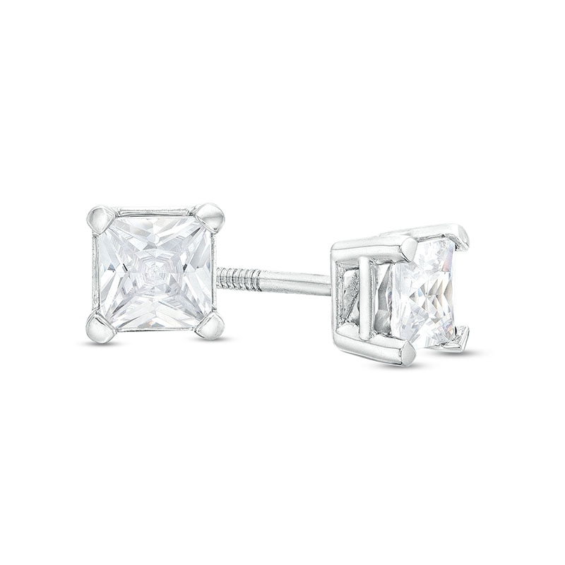Main Image 1 of Previously Owned - 3/4 CT. T.W. Princess-Cut Lab-Grown Diamond Solitaire Stud Earrings in 14K White Gold (F/SI2)