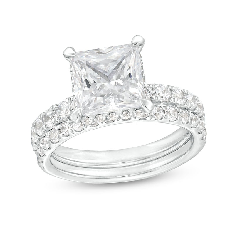 Main Image 1 of Previously Owned - 3 CT. T.W. Princess-Cut Lab-Grown Diamond Bridal Set in 14K White Gold (I/SI2)