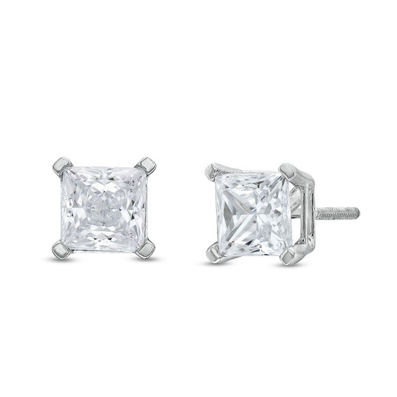 Main Image 1 of Previously Owned - 2 CT. T.W. Princess-Cut Lab-Grown Diamond Solitaire Stud Earrings in 14K White Gold (I/SI2)