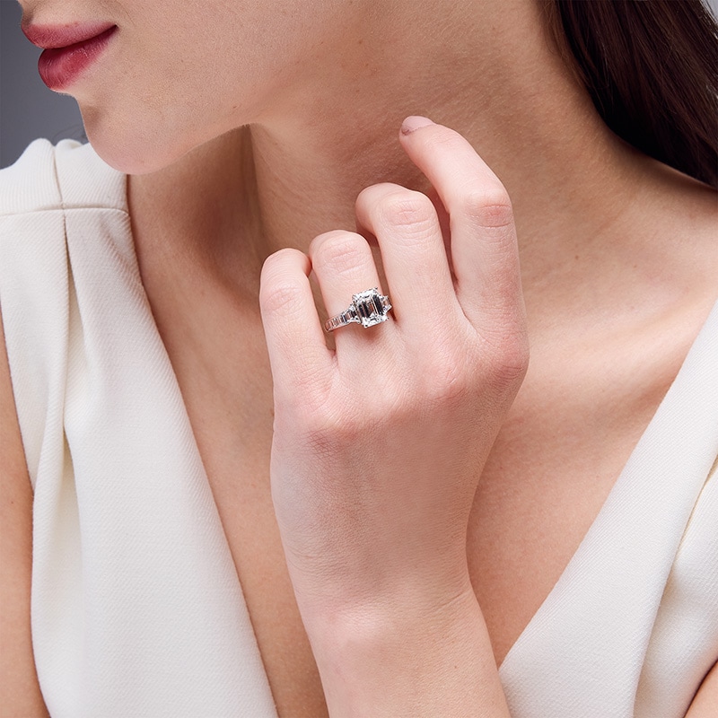 Main Image 2 of Previously Owned - 4 CT. T.W. Emerald and Trapezoid-Cut Lab-Grown Diamond Engagement Ring in 14K White Gold (F/VS2)