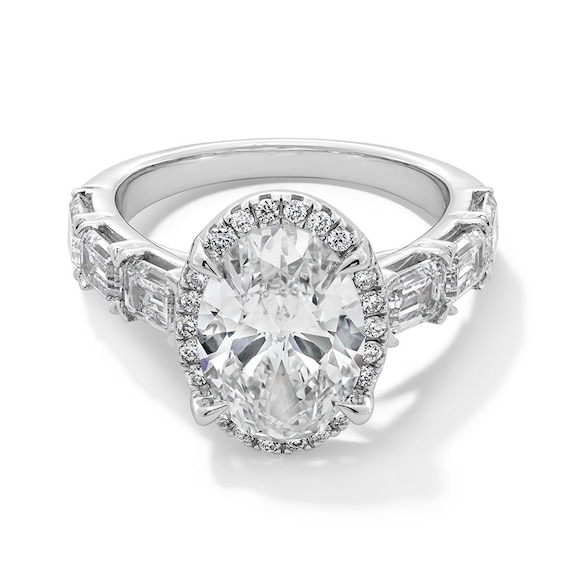 Previously Owned - 5 CT. T.w. Oval and Emerald-Cut Lab-Grown Diamond Frame Engagement Ring in 14K White Gold (F/Vs2)