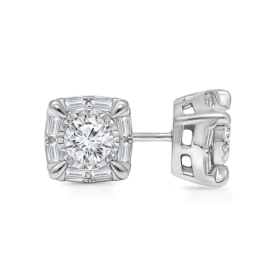 Previously Owned - 1 CT. T.w. Baguette and Round Lab-Grown Diamond Cushion Frame Stud Earrings in 10K White Gold (I/Si2)