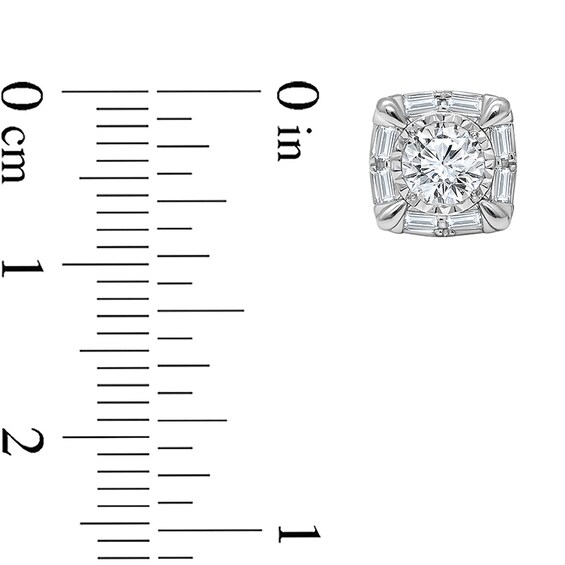 Previously Owned - 1 CT. T.w. Baguette and Round Lab-Grown Diamond Cushion Frame Stud Earrings in 10K White Gold (I/Si2)