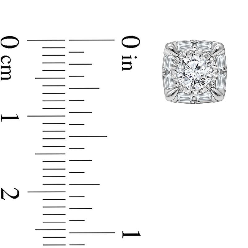 Main Image 2 of Previously Owned - 1 CT. T.W. Baguette and Round Lab-Grown Diamond Cushion Frame Stud Earrings in 10K White Gold (I/SI2)
