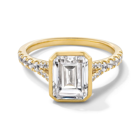 Previously Owned - 2-1/3 CT. T.w. Emerald-Cut Lab-Grown Diamond Bezel-Set Split Shank Engagement Ring in 14K Gold