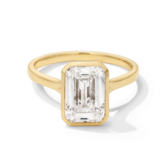 Previously Owned - 3 CT. Emerald-Cut Lab-Grown Diamond Bezel-Set Solitaire Engagement Ring in 14K Gold (F/Vs2)