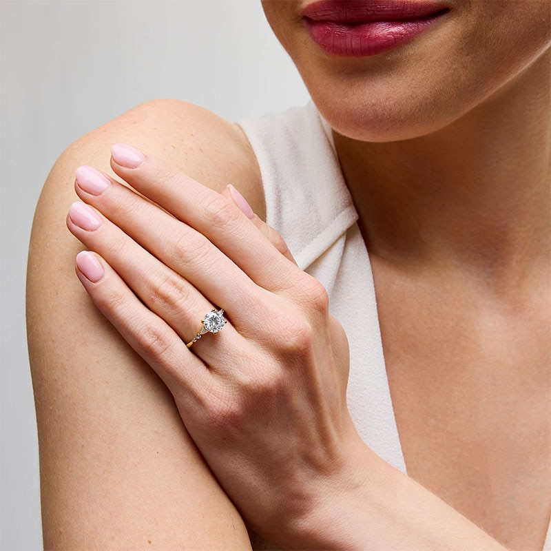 Main Image 2 of Previously Owned - 2-1/5 CT. T.W. Pear-Shaped and Round Lab-Grown Diamond Engagement Ring in 14K Gold (F/VS2)