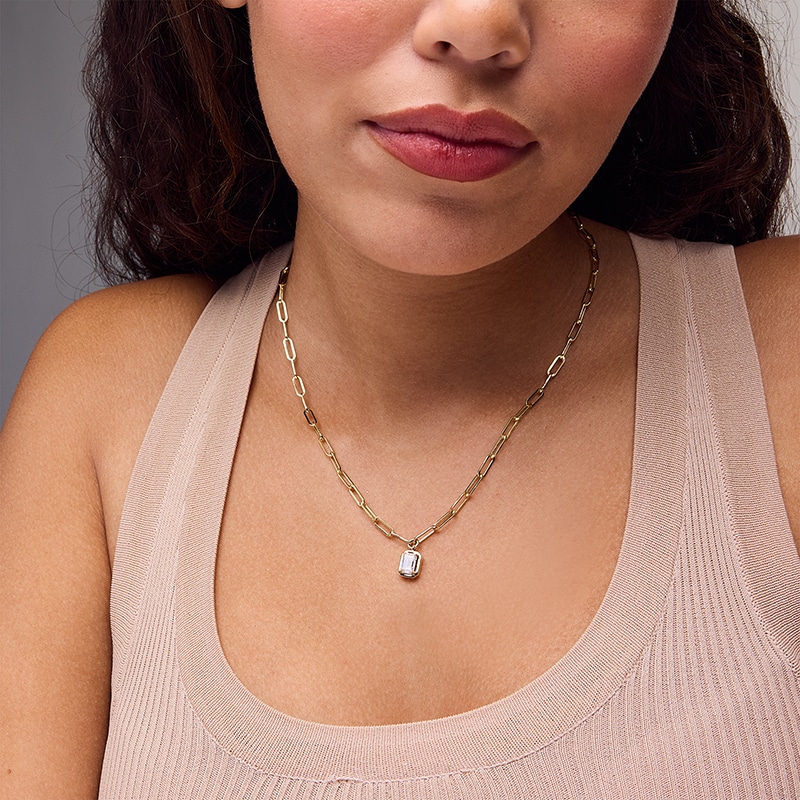 Main Image 2 of Previously Owned - 1 CT. Emerald-Cut Lab-Grown Diamond Solitaire Necklace in 14K Gold (F/VS2)