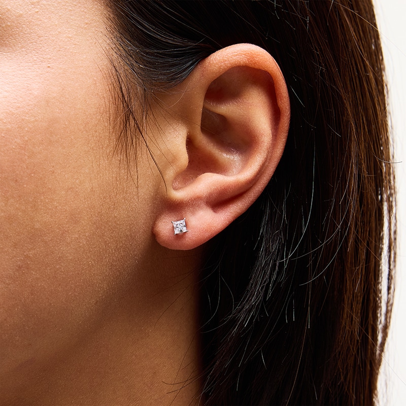 Main Image 2 of Previously Owned - 1/2 CT. T.W. Princess-Cut Lab-Grown Diamond Solitaire Stud Earrings in 14K Gold (F/SI2)