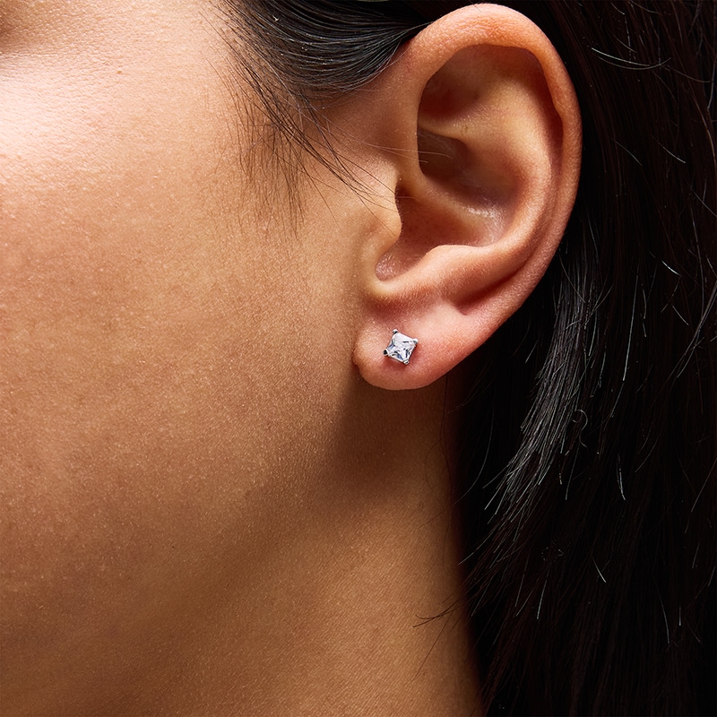 Main Image 2 of Previously Owned - 3/4 CT. T.W. Princess-Cut Lab-Grown Diamond Solitaire Stud Earrings in 14K Gold (F/SI2)