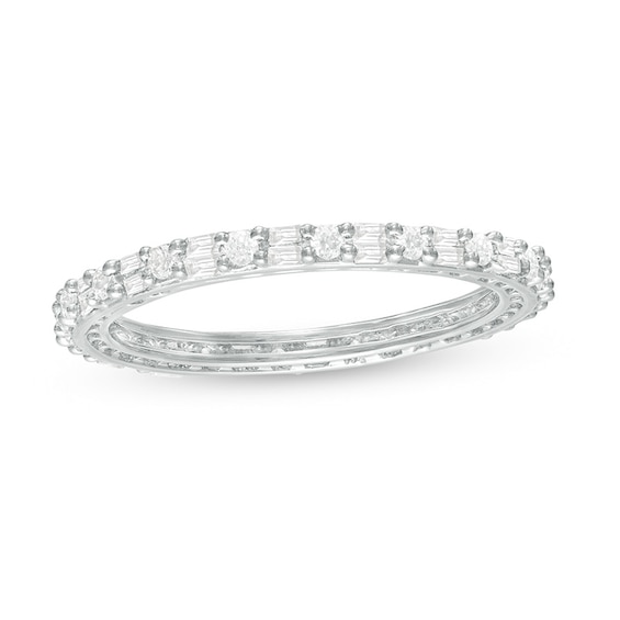 Previously Owned - 1/2 CT. T.w. Baguette and Round Diamond Eternity Band in 10K White Gold