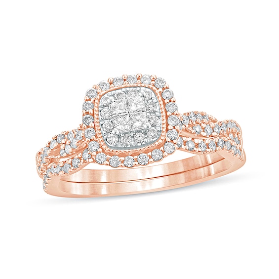 Previously Owned - 1/2 CT. T.w. Princess-Cut Quad Diamond Frame Twist Shank Bridal Set in 10K Rose Gold