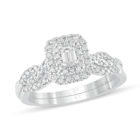 Previously Owned - 1/2 CT. T.w. Emerald-Cut Diamond Double Frame Multi-Row Bridal Set in 10K White Gold