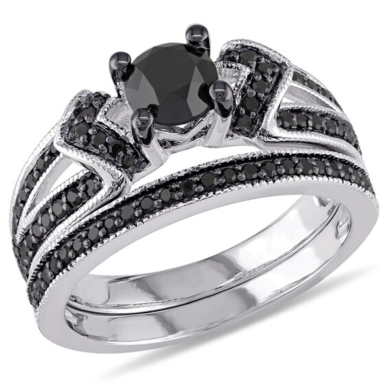 Previously Owned - 1-1/8 CT. T.w. Black Diamond Collar Split Shank Bridal Set in Sterling Silver