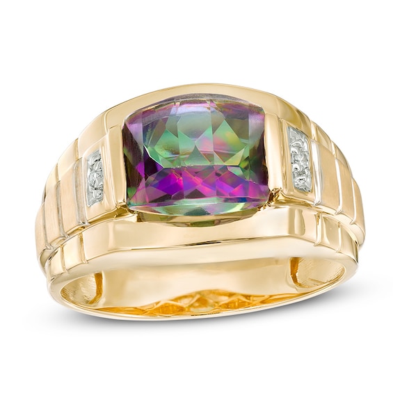 Previously Owned - Barrel-Cut Mystic Fire® Topaz and Diamond Accent Textured Satin Ring in 10K Gold