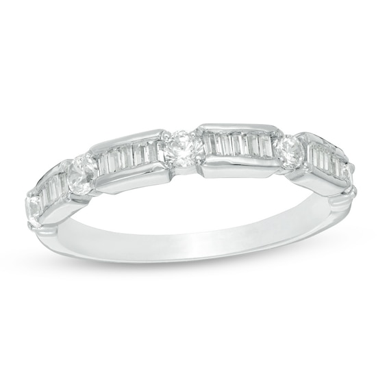 Previously Owned - 1/2 CT. T.w. Baguette and Round Diamond Alternating Wedding Band in 10K White Gold