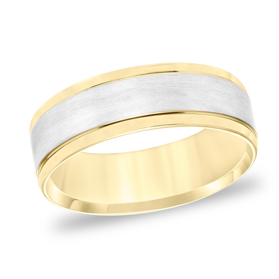 Previously Owned - 7.0mm Comfort-Fit Brushed Center Wedding Band in 14K Two-Tone Gold