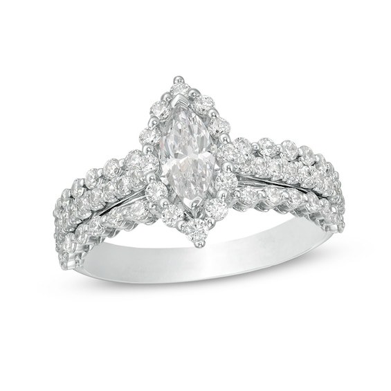 Previously Owned - 1-1/3 CT. T.w. Marquise Diamond Frame Three Row Engagement Ring in 14K White Gold