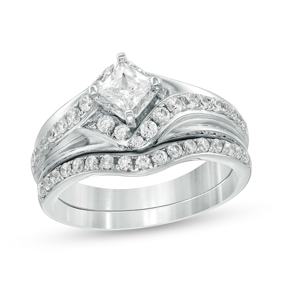 Previously Owned - 1 CT. T.w. Princess-Cut Diamond Bypass Bridal Set in 10K White Gold