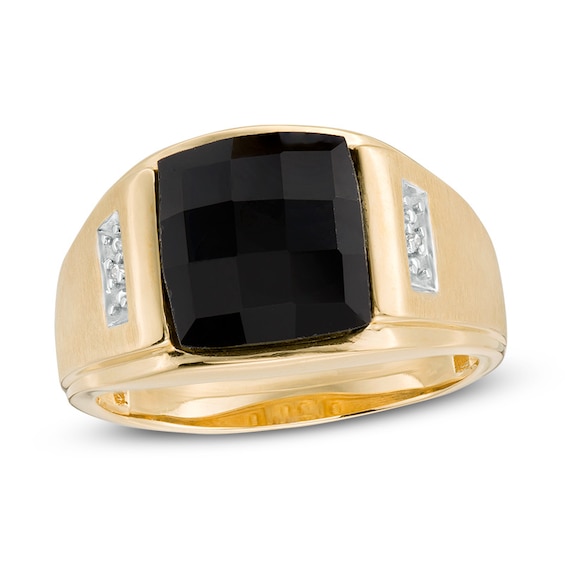 Previously Owned - Rectangle Faceted Onyx and Diamond Accent Multi-Finish Ring in 10K Gold