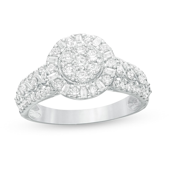 Previously Owned - 1 CT. T.w. Baguette and Round Diamond Frame Ring in 10K White Gold