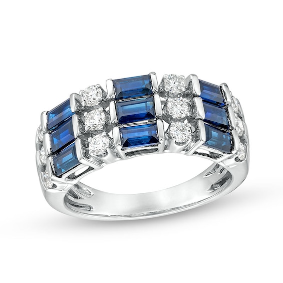 Previously Owned - Sideways Baguette-Cut Blue Sapphire and 1/2 CT. T.w. Diamond Linear Triple Row Ring in 14K White Gold