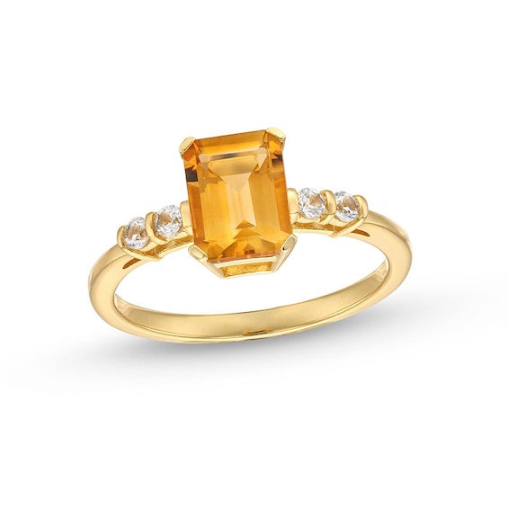 Previously Owned - Emerald-Cut Citrine and 1/10 CT. T.w. Diamond Ring 10K Gold