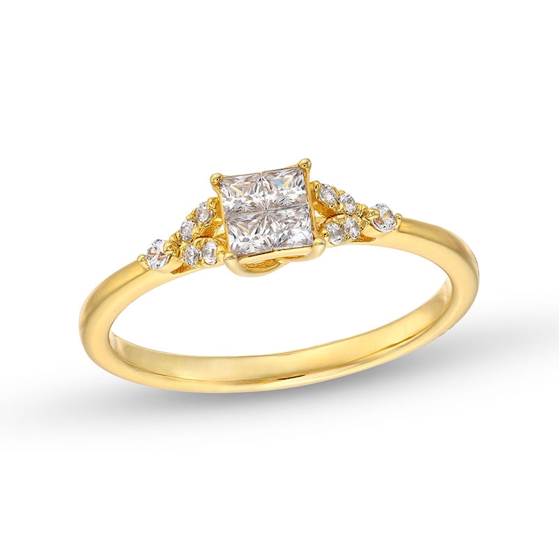 Main Image 1 of Previously Owned - 1/3 CT. T.W. Quad Princess-Cut Diamond Leaf-Sides Engagement Ring in 10K Gold
