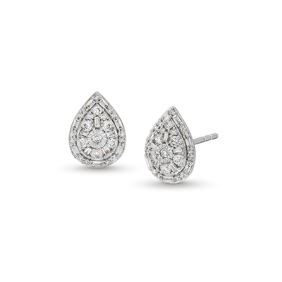 Previously Owned - 1/2 CT. T.w. Pear-Shaped Multi-Diamond Frame Stud Earrings in Sterling Silver