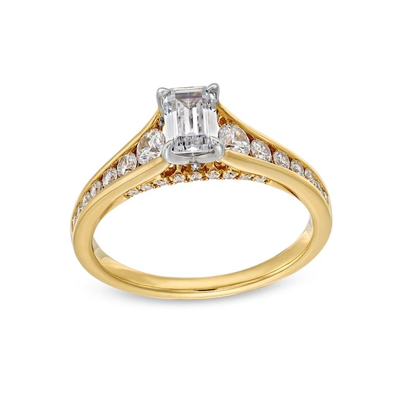 Previously Owned - 1 CT. T.w. Emerald-Cut and Round Diamond Channel Shank Engagement Ring in 14K Gold