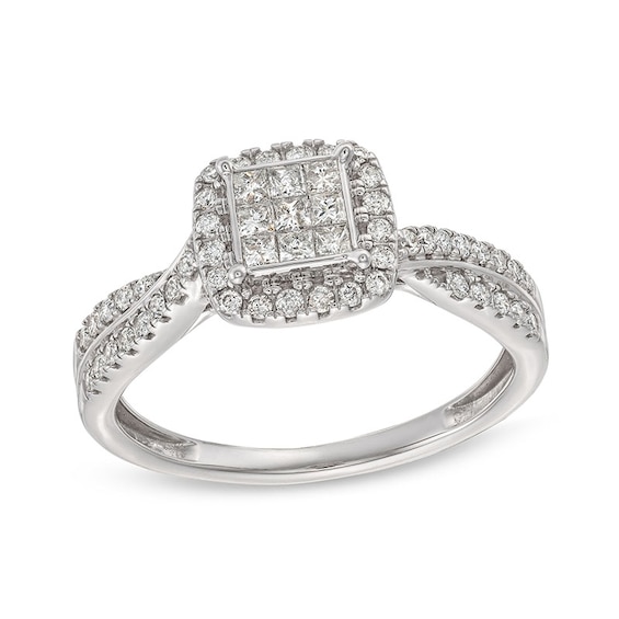 Previously Owned - 1/2 CT. T.w. Multi-Diamond Cushion-Shaped Frame Twist Shank Engagement Ring in 14K White Gold